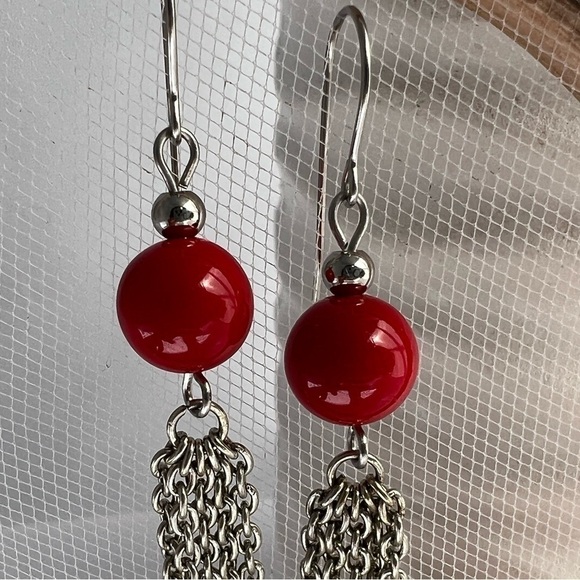 CHAIN Drop Long Earrings with Red Beads - Picture 3 of 10